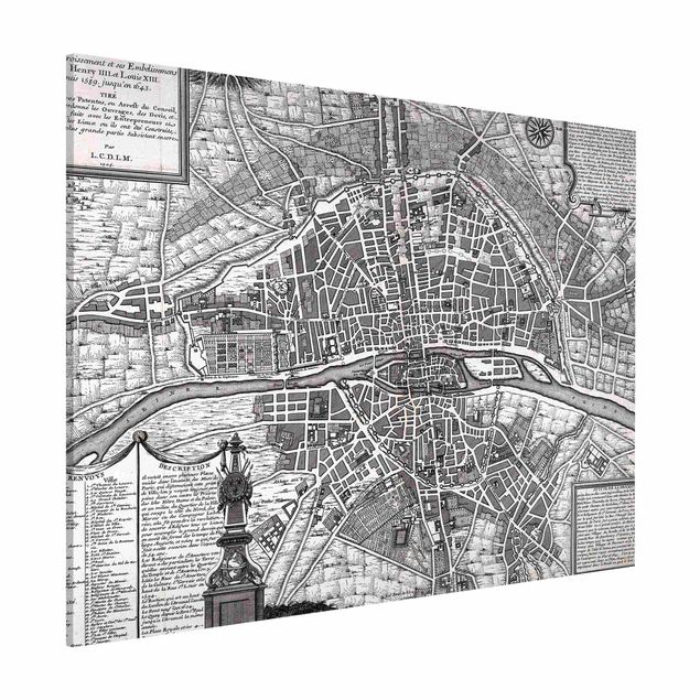 Magnetic memo board - Vintage Map City Of Paris Around 1600