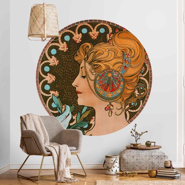 Self-adhesive round wallpaper - Alfons Mucha - The Feather