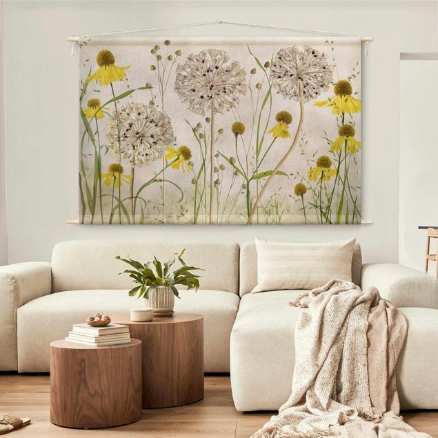vintage tapestry wall hanging Allium And Helenium Illustration