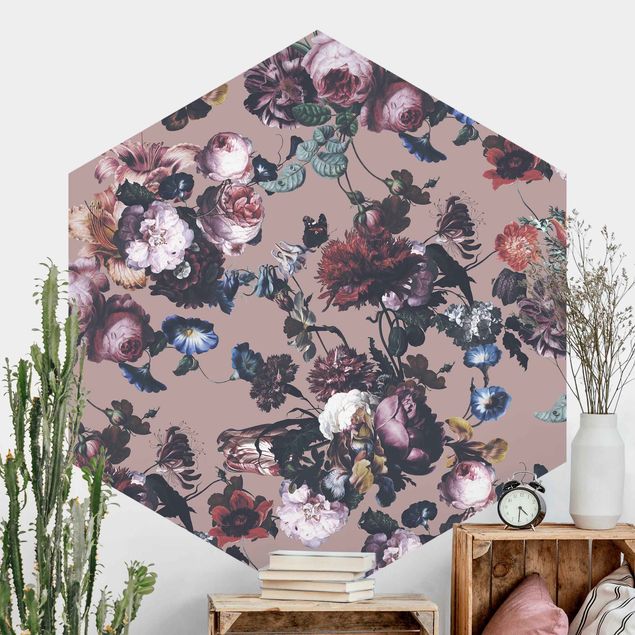 Self-adhesive hexagonal wall mural Old Masters Flowers With Tulips And Roses On Beige
