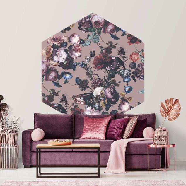 Self-adhesive hexagonal pattern wallpaper - Old Masters Flowers With Tulips And Roses On Beige