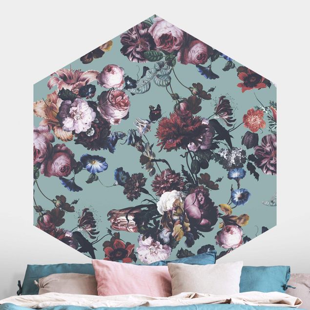 Self-adhesive hexagonal wall mural Old Masters Flowers With Tulips And Roses On Blue