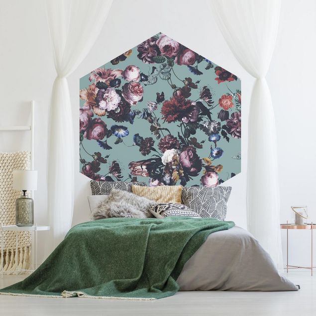 Self-adhesive hexagonal pattern wallpaper - Old Masters Flowers With Tulips And Roses On Blue