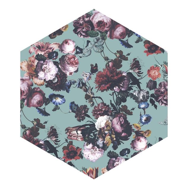 Self-adhesive hexagonal pattern wallpaper - Old Masters Flowers With Tulips And Roses On Blue