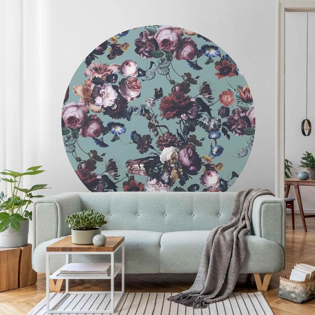 Self-adhesive round wallpaper - Old Masters Flowers With Tulips And Roses On Blue