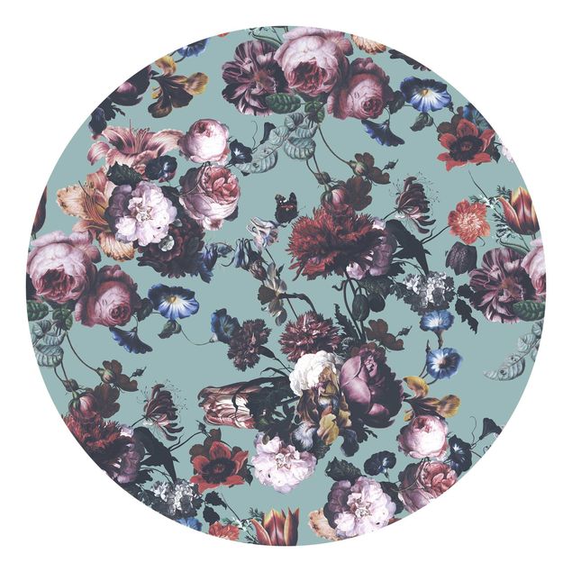 Self-adhesive round wallpaper - Old Masters Flowers With Tulips And Roses On Blue