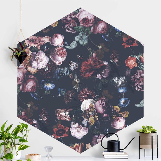 Hexagonal wall mural Old Masters Flowers With Tulips And Roses On Dark Gray