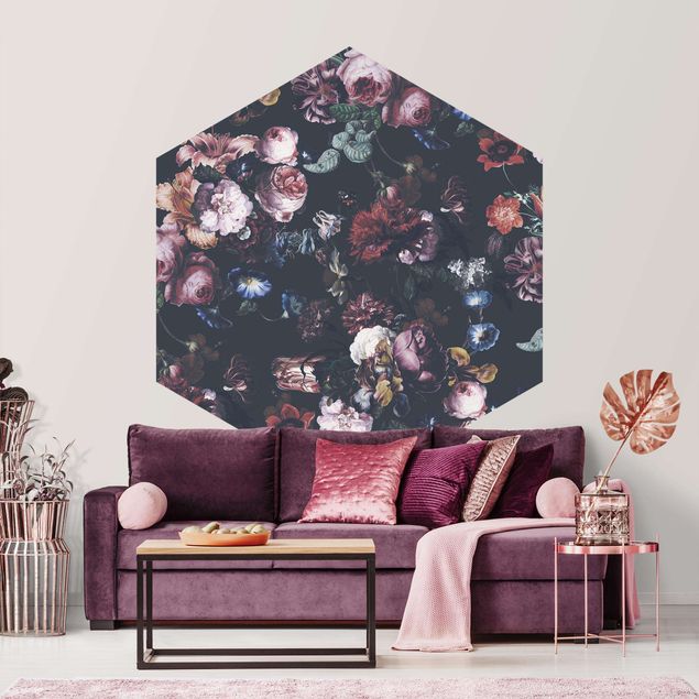 Self-adhesive hexagonal pattern wallpaper - Old Masters Flowers With Tulips And Roses On Dark Gray