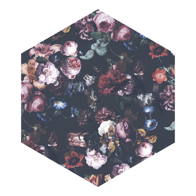 Self-adhesive hexagonal pattern wallpaper - Old Masters Flowers With Tulips And Roses On Dark Gray