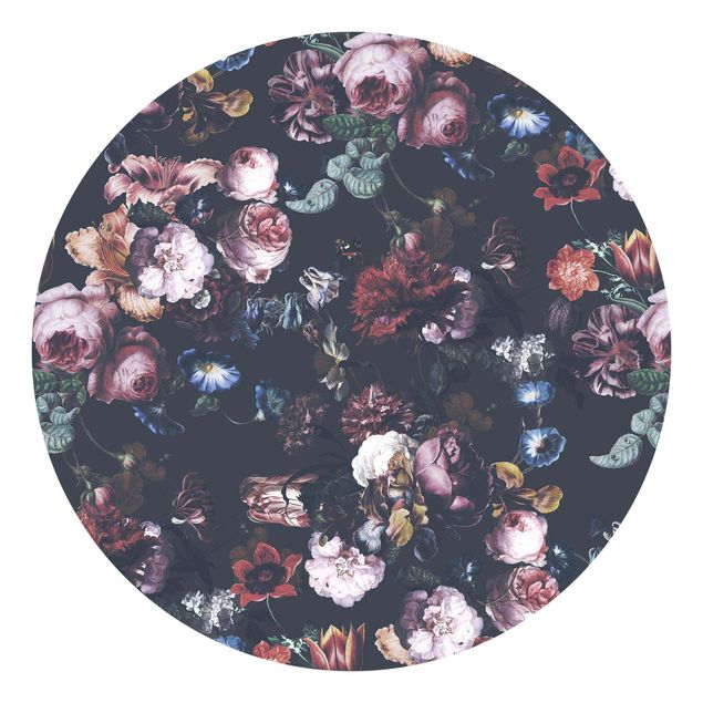 Self-adhesive round wallpaper - Old Masters Flowers With Tulips And Roses On Dark Grey