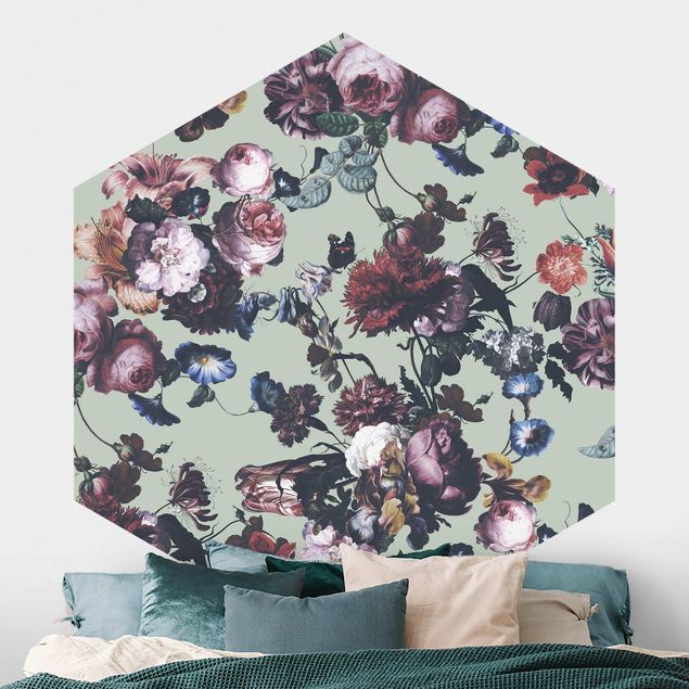 Self-adhesive hexagonal wall mural Old Masters Flowers With Tulips And Roses On Green