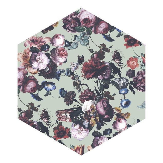 Self-adhesive hexagonal pattern wallpaper - Old Masters Flowers With Tulips And Roses On Green