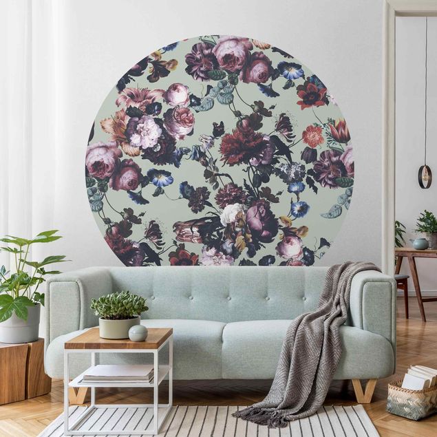 Self-adhesive round wallpaper - Old Masters Flowers With Tulips And Roses On Green