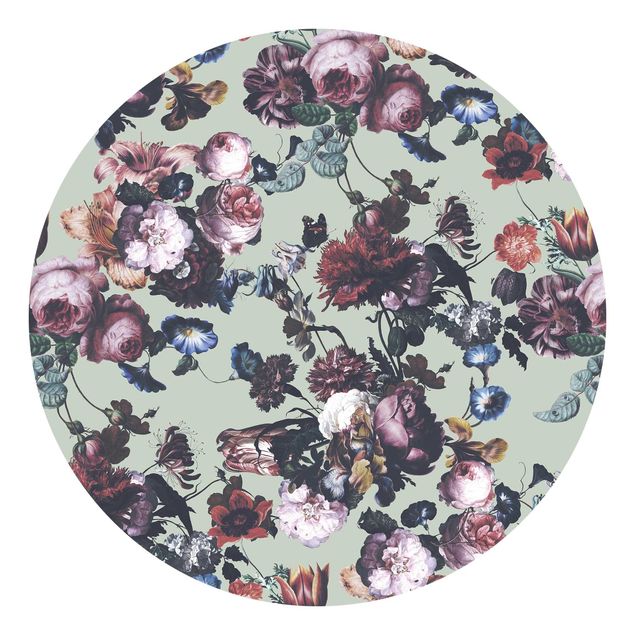 Self-adhesive round wallpaper - Old Masters Flowers With Tulips And Roses On Green
