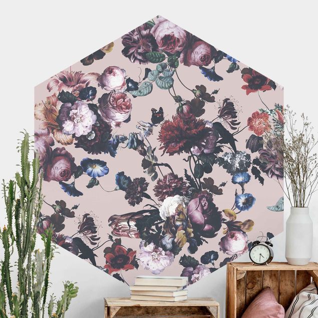 Hexagonal wall mural Old Masters Flowers With Tulips And Roses On Pink