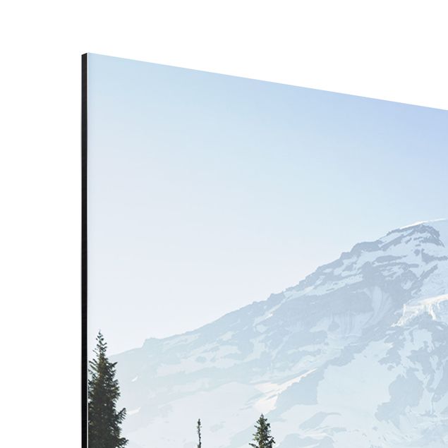 Print on aluminium - Mountain Meadow With Blue Flowers in Front of Mt. Rainier