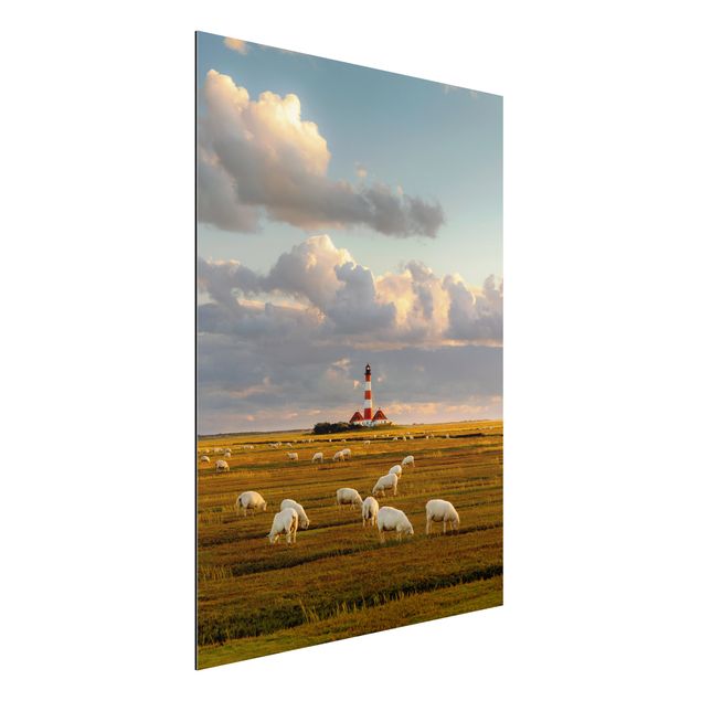 Alu dibond North Sea Lighthouse With Flock Of Sheep