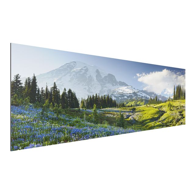 Aluminium dibond Mountain Meadow With Blue Flowers in Front of Mt. Rainier