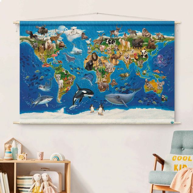 modern wall tapestry Animal Club International - World Map With Animals