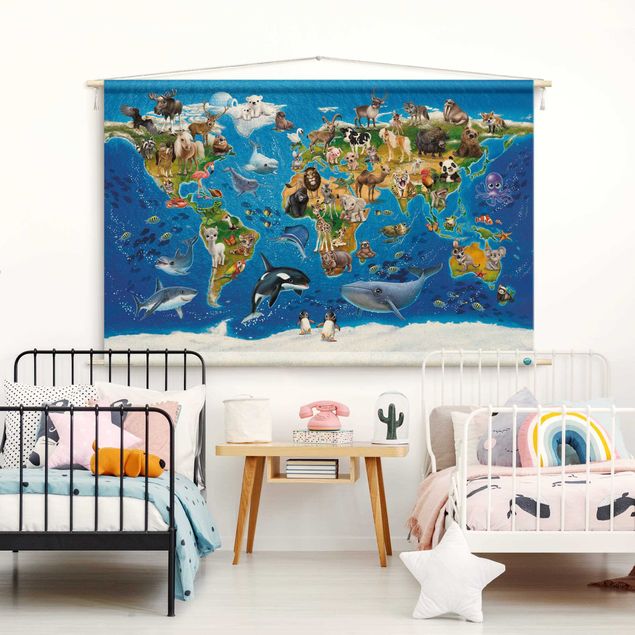 extra large tapestry wall hangings Animal Club International - World Map With Animals