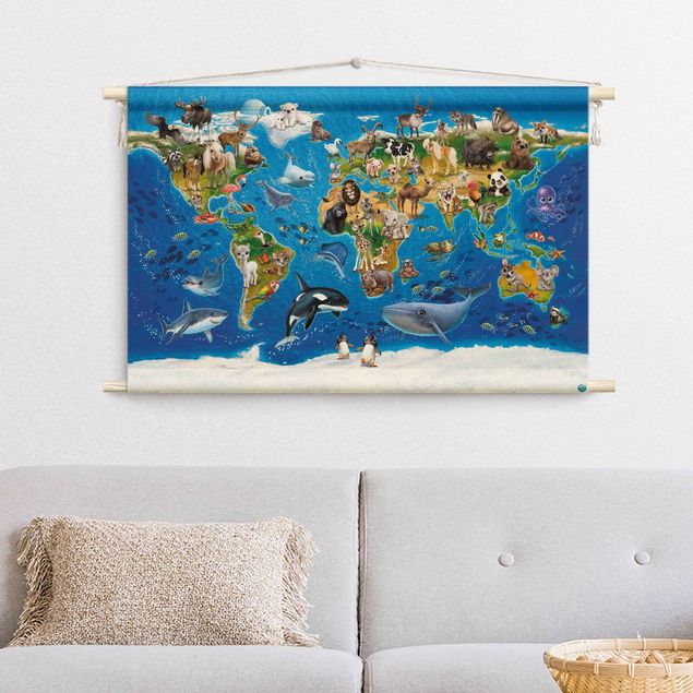 world map wall hanging fabric Animal Club International - World Map With Animals