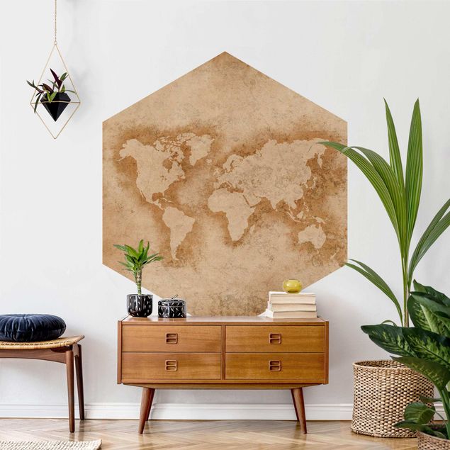 Self-adhesive hexagonal pattern wallpaper - Antique World Map