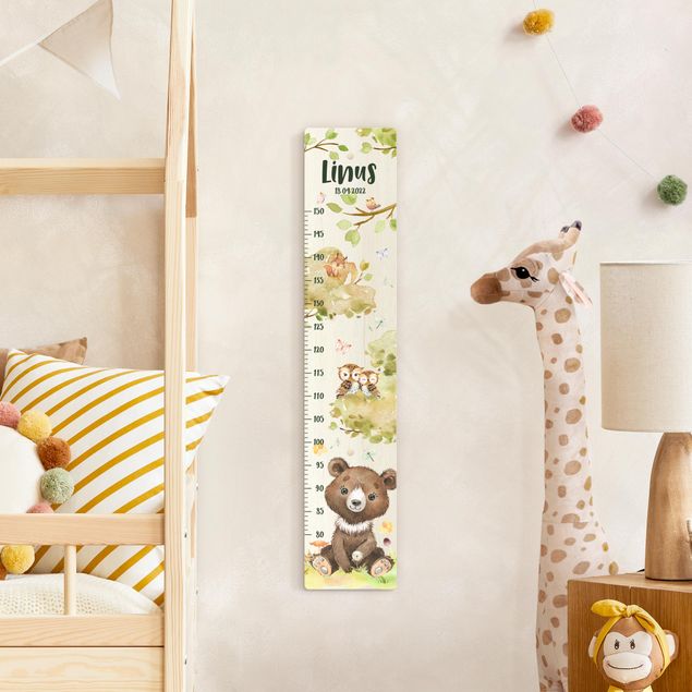 Wooden height chart for kids - Watercolour bear with custom name