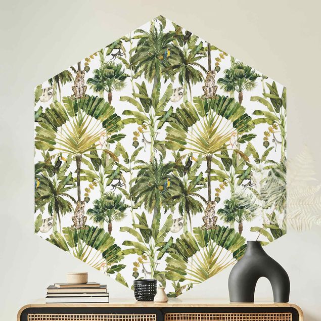 Hexagonal wallpapers Watercolour Banana Tree And Leopard Pattern