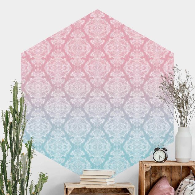 Hexagonal wall mural Watercolour Baroque Pattern With Blue Pink Gradient