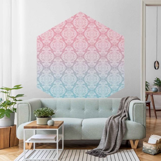 Self-adhesive hexagonal pattern wallpaper - Watercolour Baroque Pattern With Blue Pink Gradient
