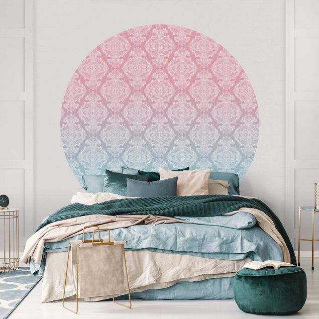 Self-adhesive round wallpaper - Watercolour Baroque Pattern With Blue Pink Gradient