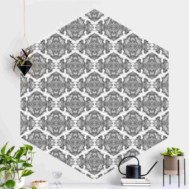 Self-adhesive hexagonal wall mural Watercolour Baroque Pattern With Ornaments In Gray