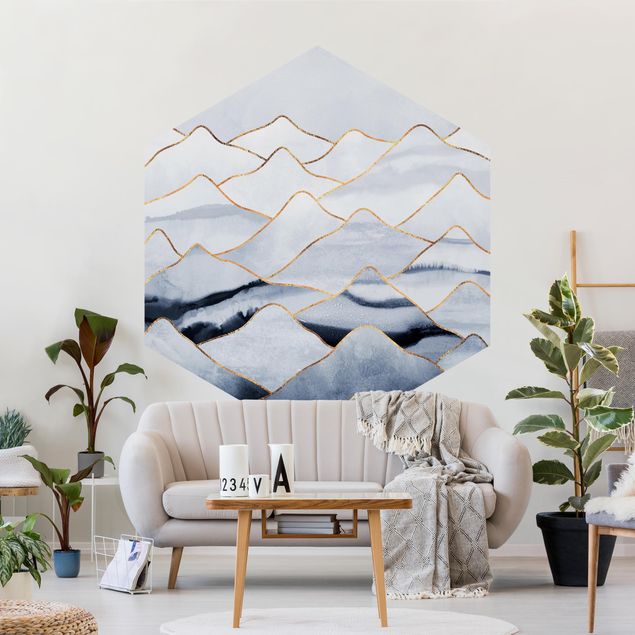 Self-adhesive hexagonal pattern wallpaper - Watercolour Mountains White Gold