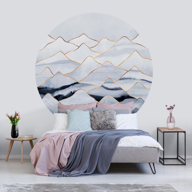 Self-adhesive round wallpaper - Watercolour Mountains White Gold
