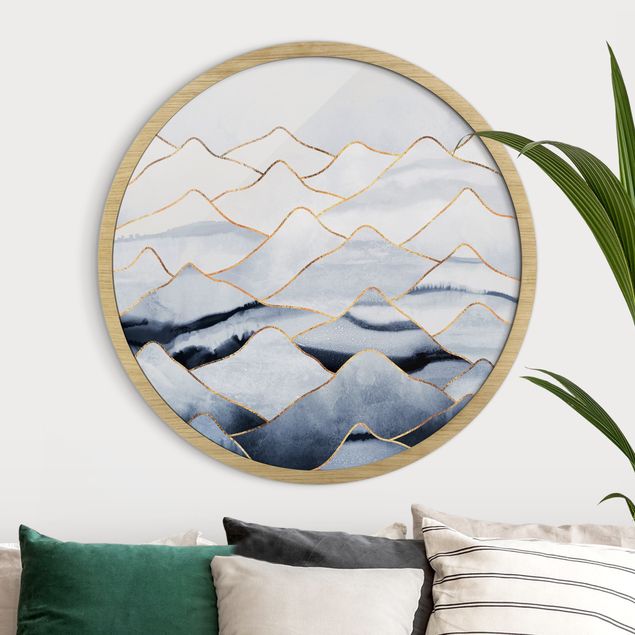 Framed prints round Watercolour Mountains White Gold