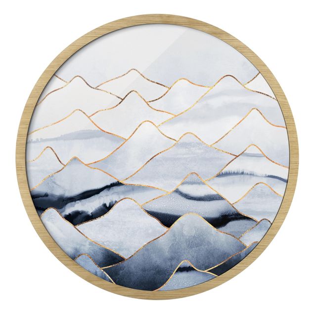 Circular framed print - Watercolour Mountains White Gold