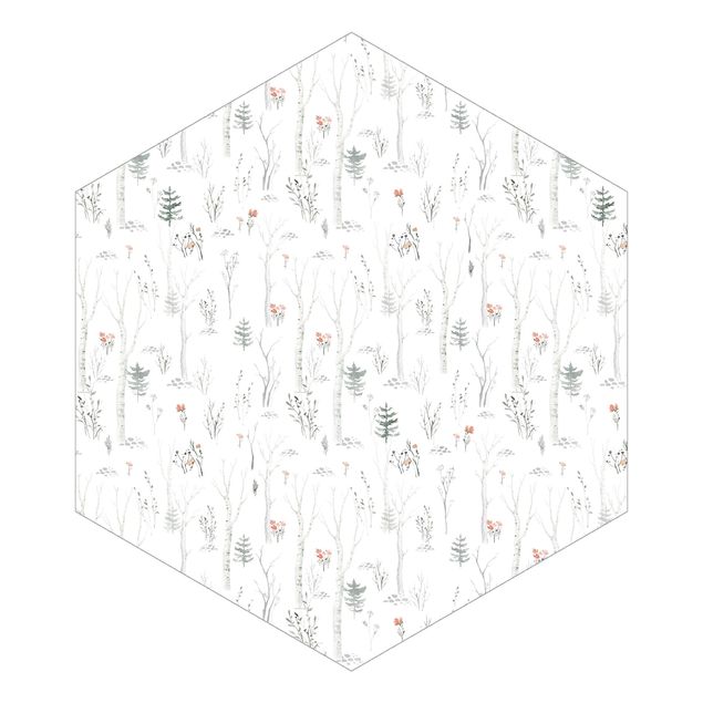 Self-adhesive hexagonal pattern wallpaper - Watercolour birch forest