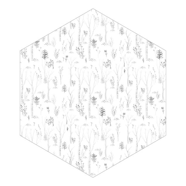 Self-adhesive hexagonal pattern wallpaper - Watercolour birch forest black white