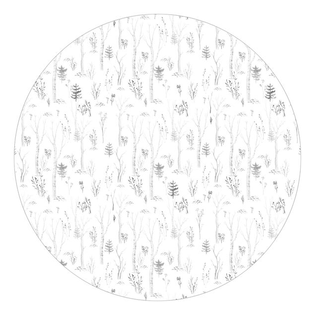 Self-adhesive round wallpaper - Watercolour birch forest black white