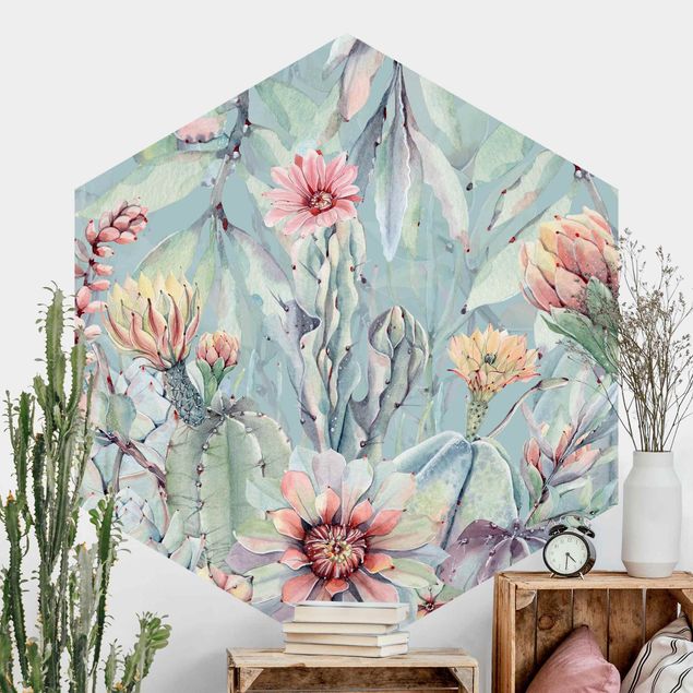Hexagonal wallpapers Watercolour Blooming Cacti Bouquet