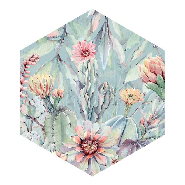 Self-adhesive hexagonal pattern wallpaper - Watercolour Blooming Cacti Bouquet