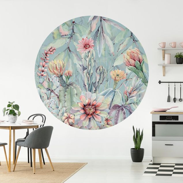 Self-adhesive round wallpaper - Watercolour Blooming Cacti Bouquet