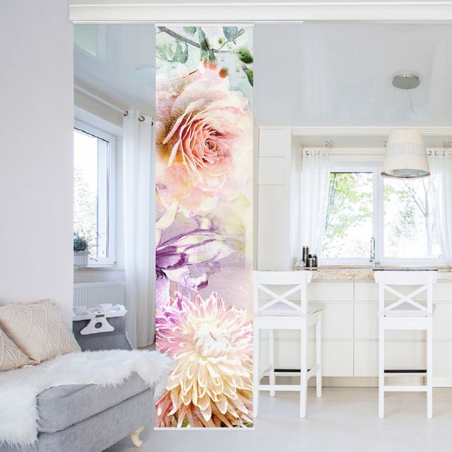 Sliding panel curtains set - Watercolour Flower Mix Pastel
