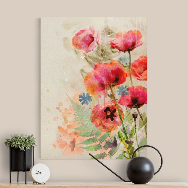 Natural canvas print - Watercolour Flowers Poppy - Portrait format 3:4