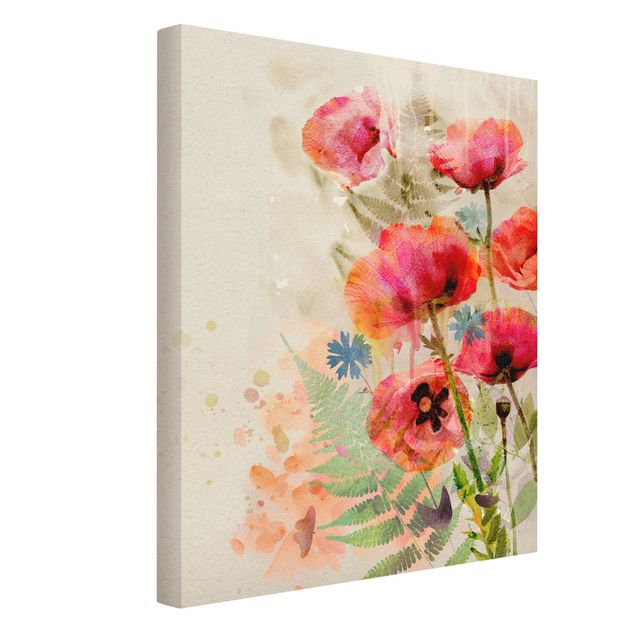 Natural canvas print - Watercolour Flowers Poppy - Portrait format 3:4
