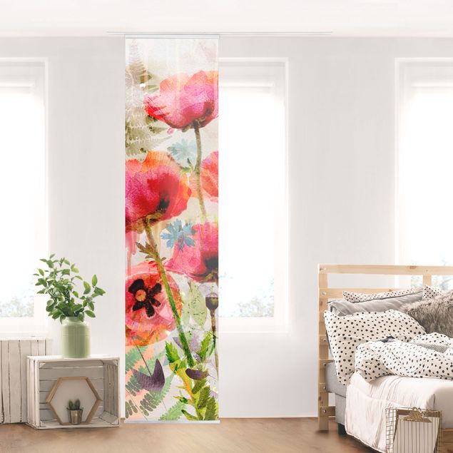 Sliding panel curtains set - Watercolour Flowers Poppy