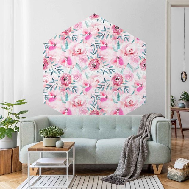 Self-adhesive hexagonal pattern wallpaper - Watercolour Flowers Pink With Blue Leaves