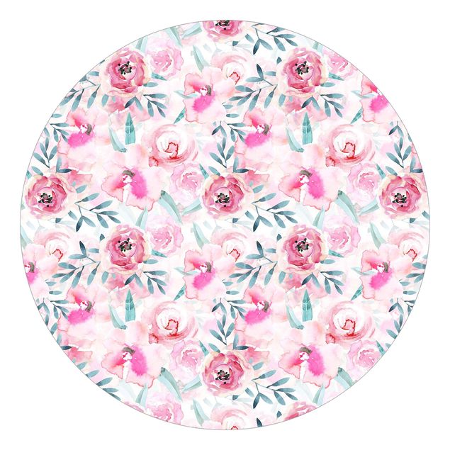 Self-adhesive round wallpaper - Watercolour Flowers Pink With Blue Leaves