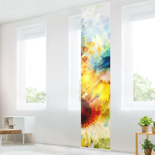 Sliding panel curtains set - Watercolour Flowers Sunflowers
