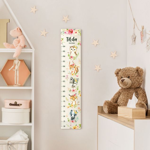 Wooden height chart for kids - Watercolour flowers forest animals with custom name